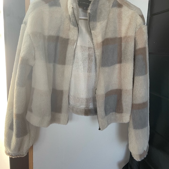 Oodtfash Plaid Fur Jacket(Off White/Taupe) - Picture 3 of 5